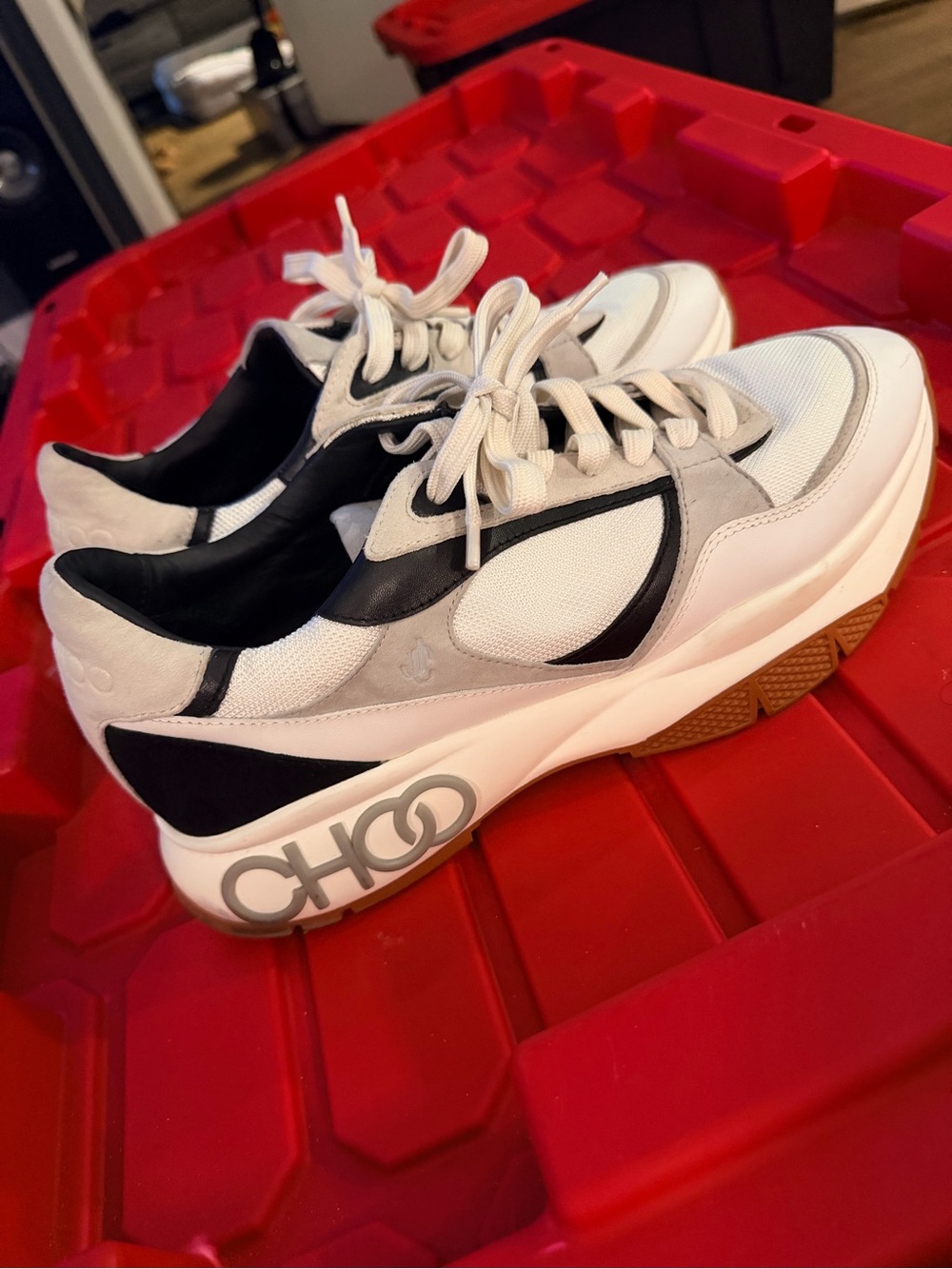 Jimmy Choo White, Black & Gray Suede Mesh Platform Sneakers